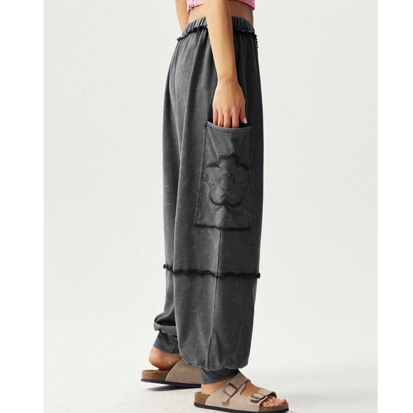 Boho Cotton Black Flower Patch Stretchy Waist Joggers Pants - Picture 4 of 6